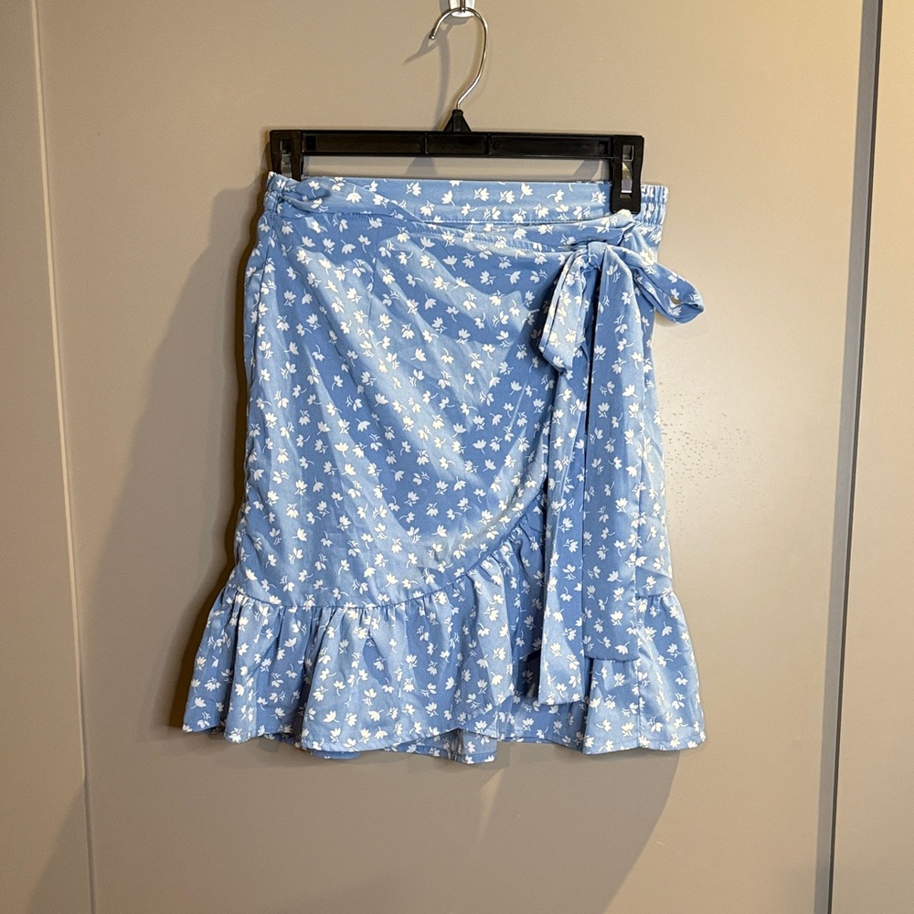 Only Light Blue Asymmetrical Skirt with White Floral Pattern